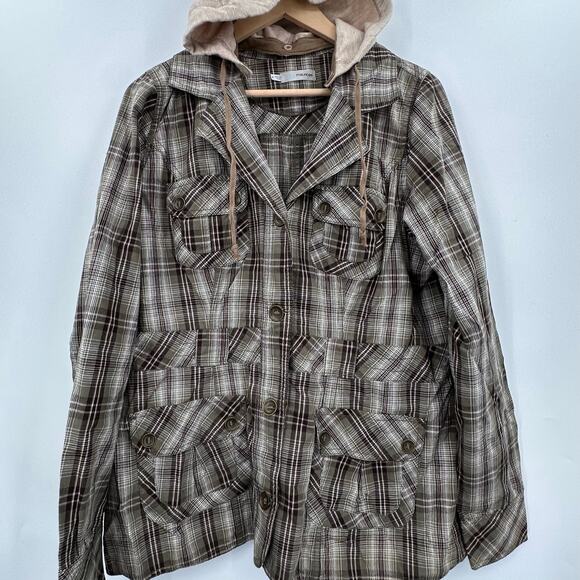 MAURICES Fall Jacket Brown Green Plaid Button Front Hooded Womens Size 0 Small - Picture 1 of 9